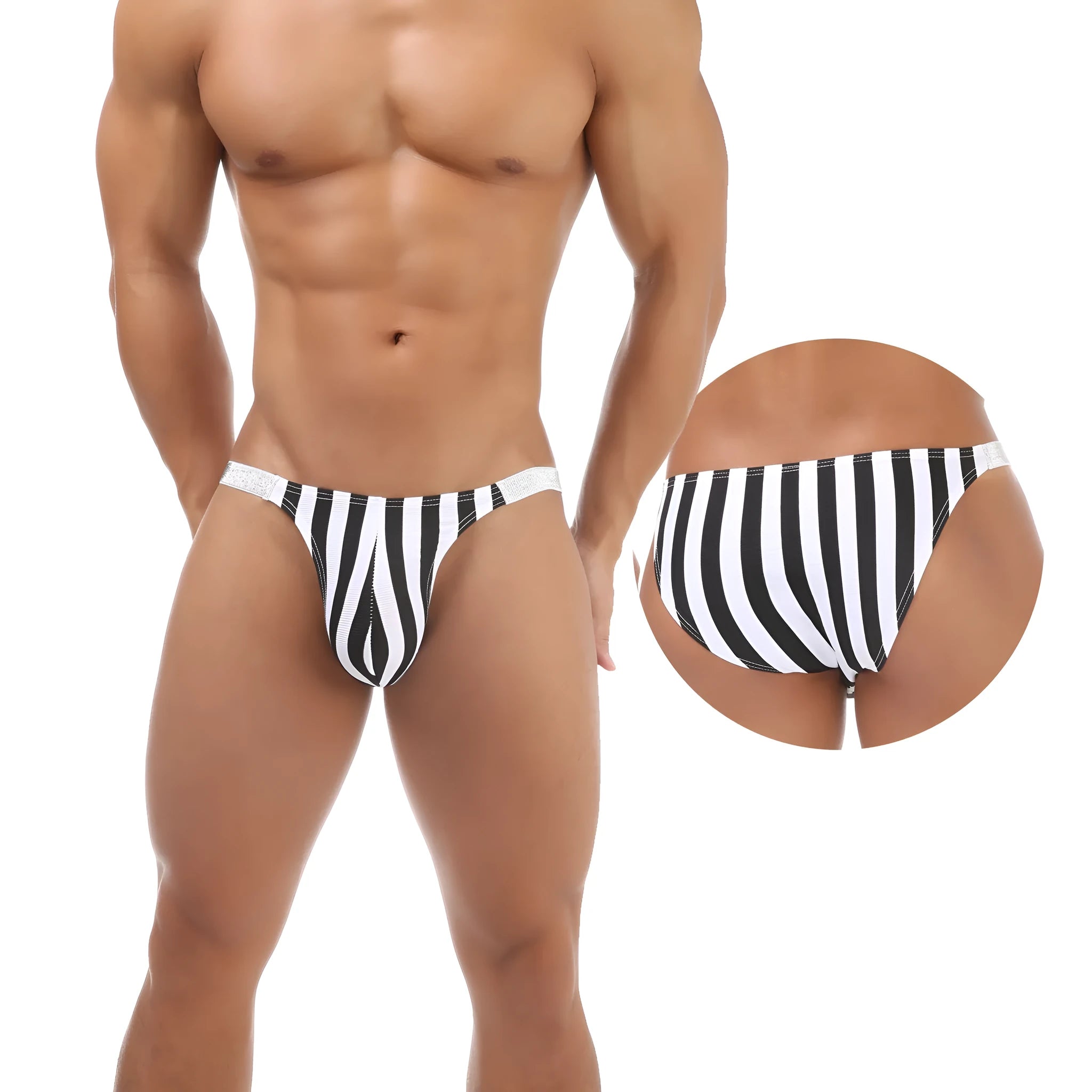 Men's shiny nylon briefs with zebra stripe pattern and U pouch design.