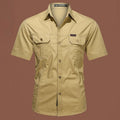 Men's short sleeve cotton work shirt in Army Green with non-iron treatment and loose fit for outdoor use