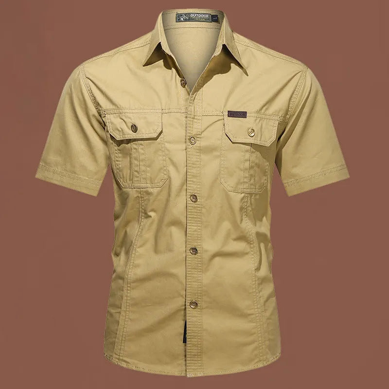 Men's short sleeve cotton work shirt in Army Green with non-iron treatment and loose fit for outdoor use