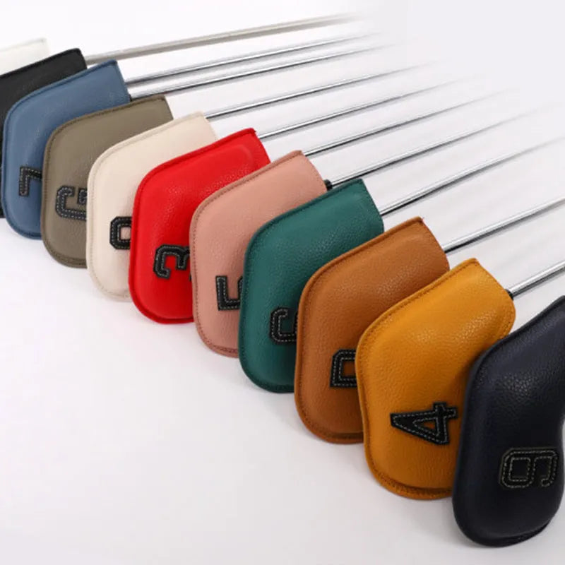 Set of 10 golf club headcovers with different colour designs and minimal digital printing