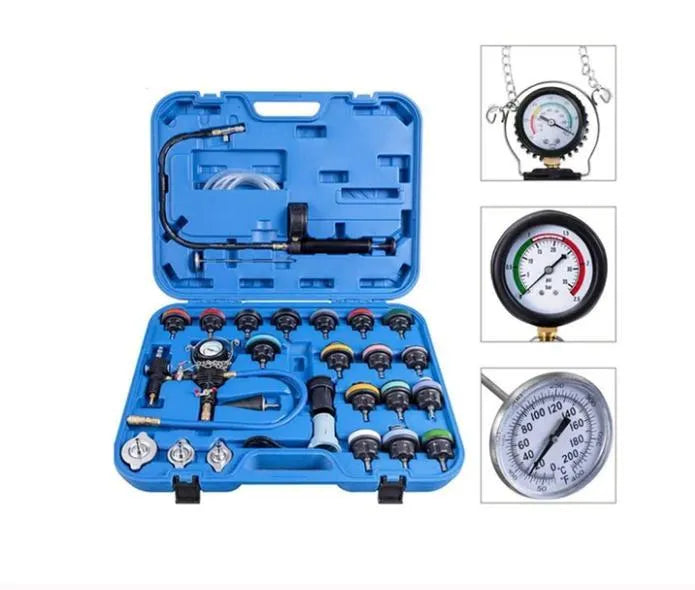Blue 28-piece automotive radiator pressure tester kit with vacuum purge and refill components