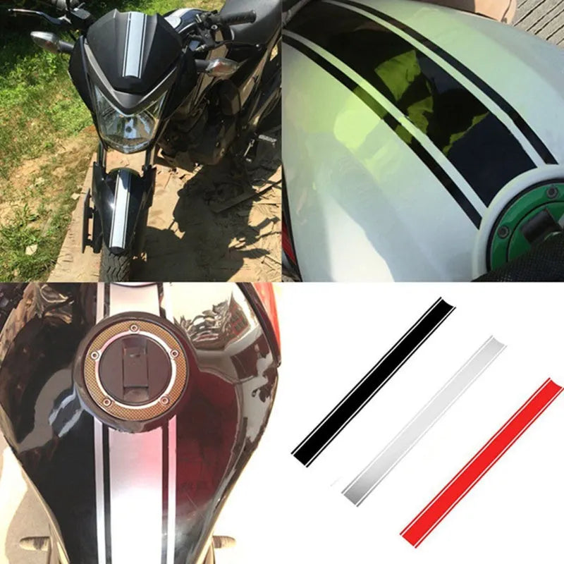 Motorcycle gas tank lid sticker with reflective pinstripes, 50cm long, 4.5cm wide, in black, red, silver, and yellow options