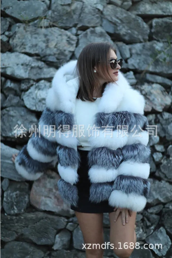 Women's artificial fur hooded coat in street fashion style, 65cm length, available in white silver fox and brown colours