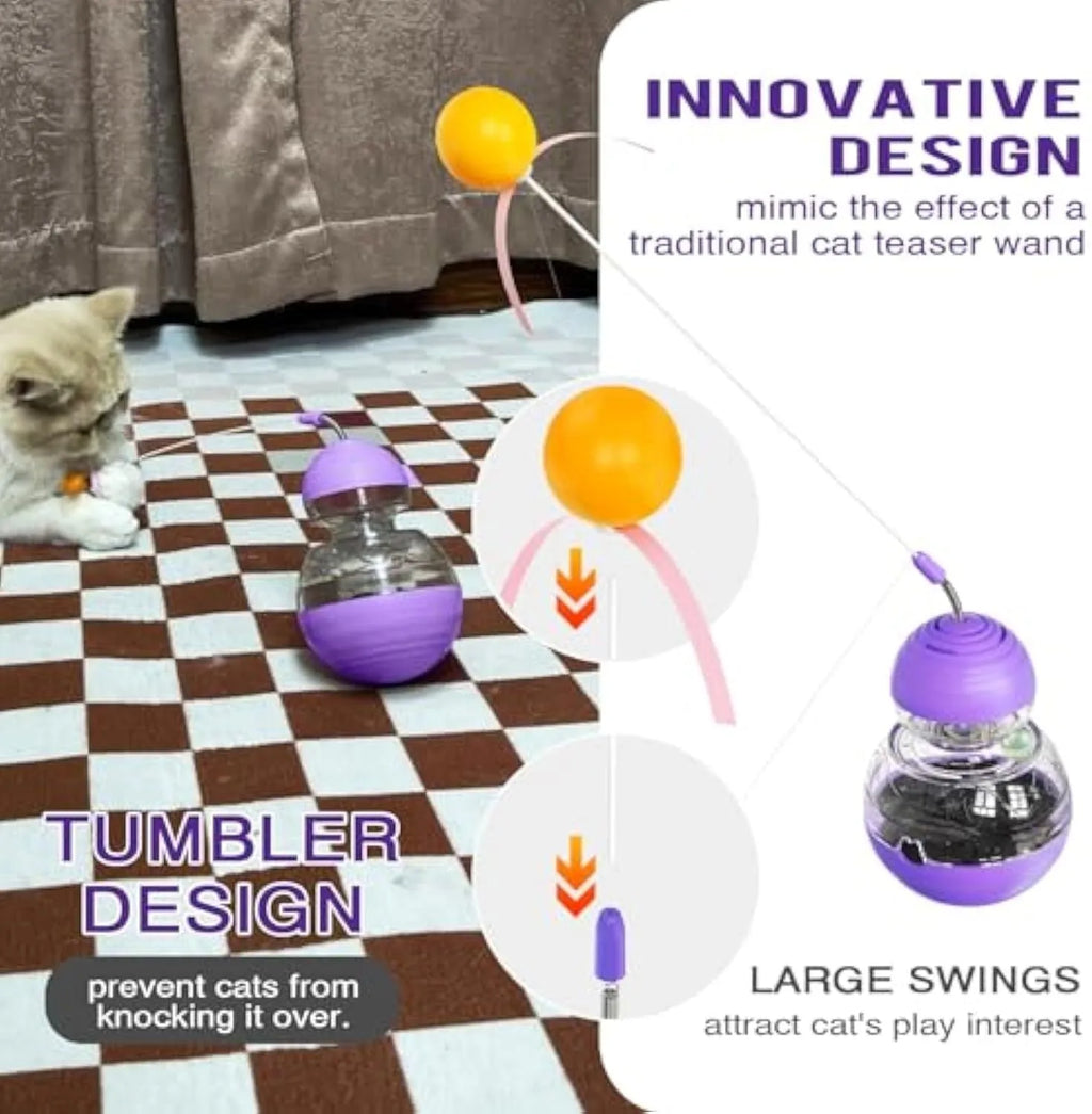 Pink interactive cat toy with tilting base, flexible teaser stick, and food dispenser compartment for indoor cats