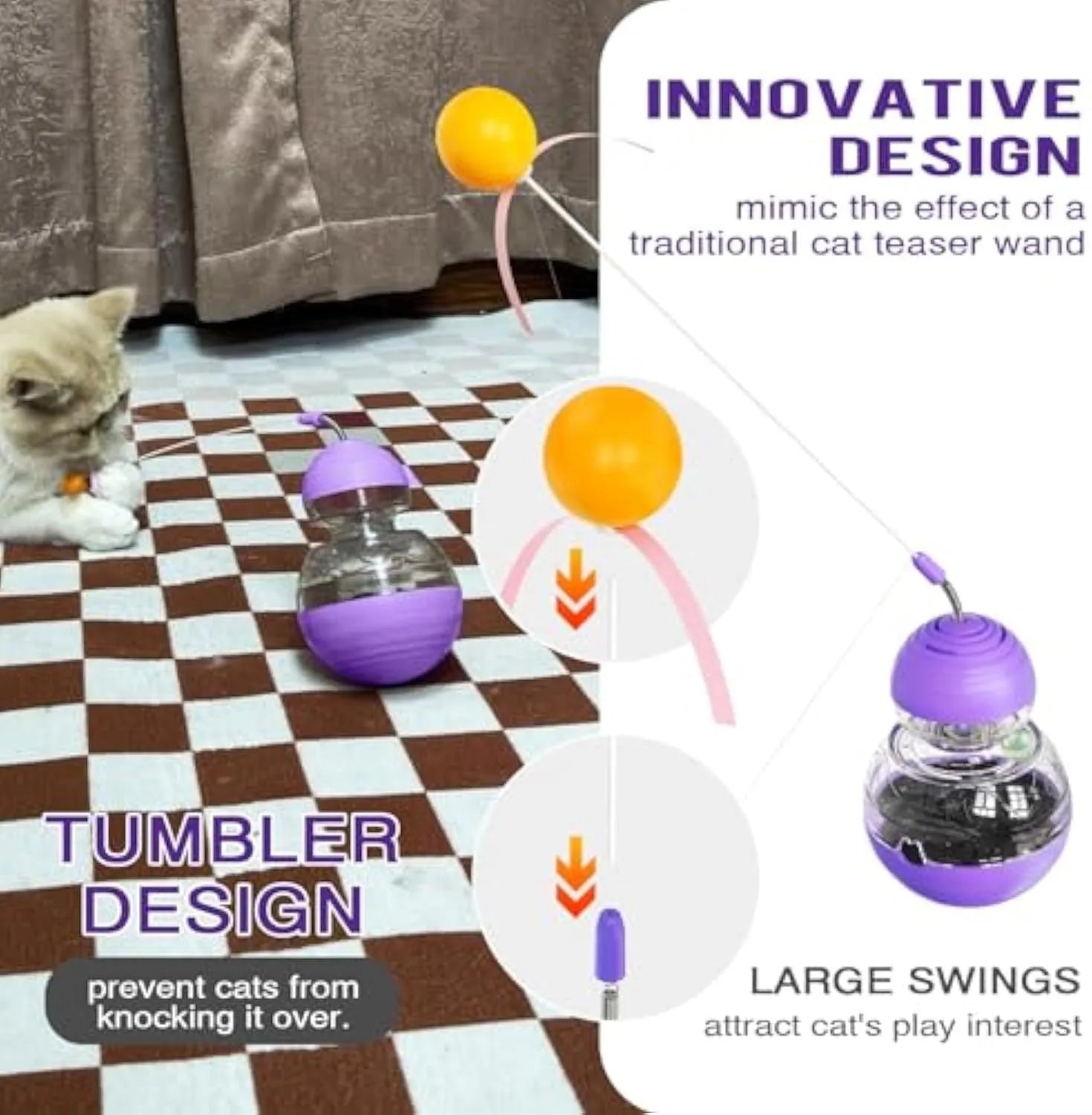 Pink interactive cat toy with tilting base, flexible teaser stick, and food dispenser compartment for indoor cats