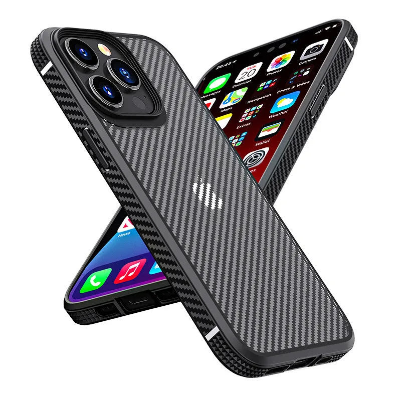 Black iPhone 13 protective case with carbon fibre pattern showing back and side view.