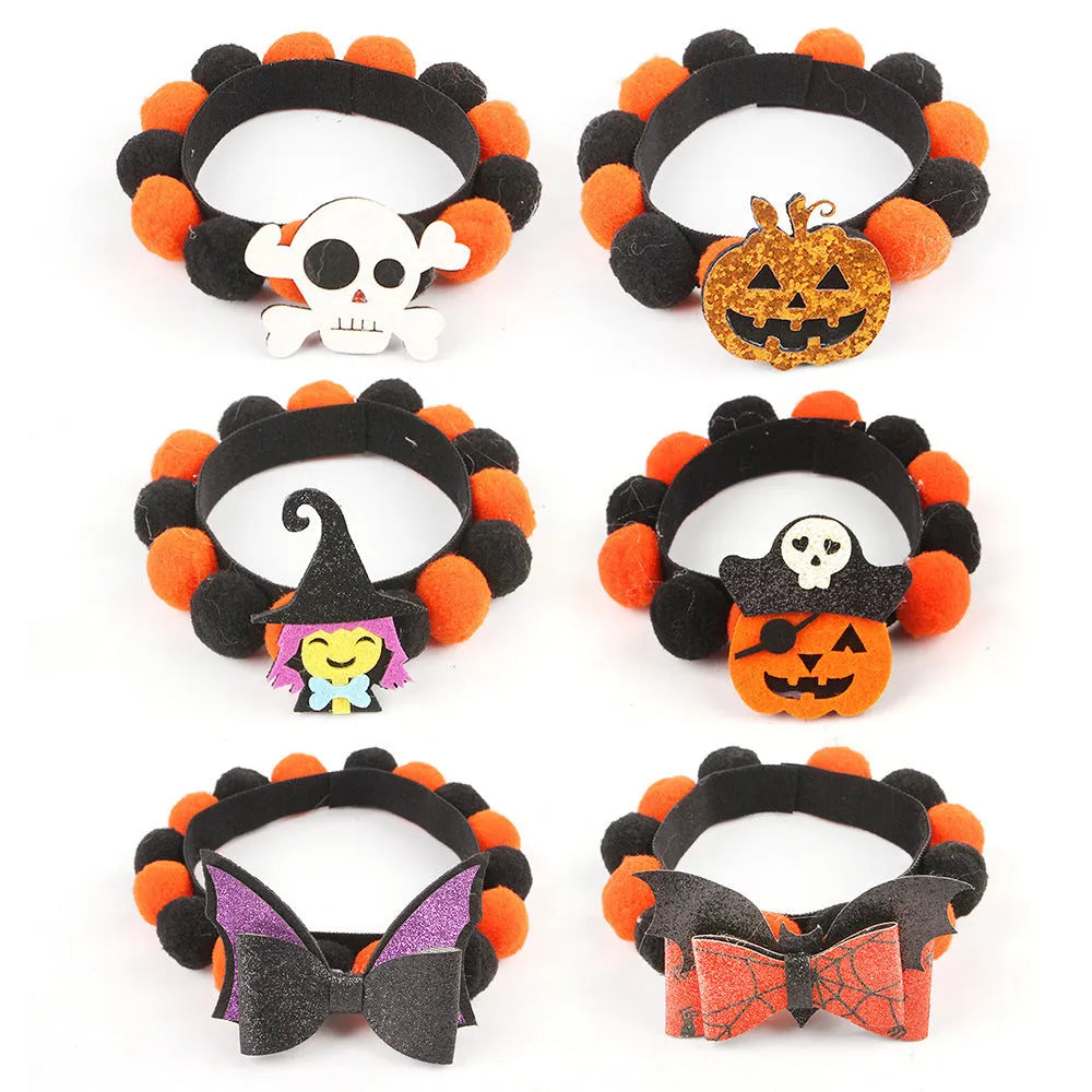 Halloween pet collar with fur ball decoration showing pumpkin pirate and witch design options
