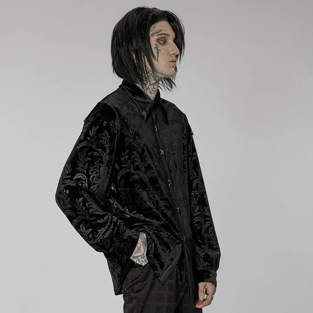 Black men's velvet shirt with gothic college styling and printed flocking decoration details