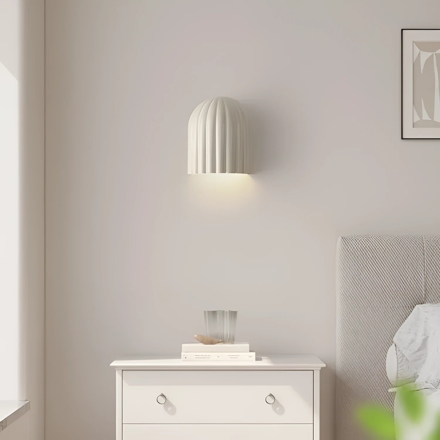 Modern corridor wall lamp with metal ironwork frame and resin decorative elements in beige colour