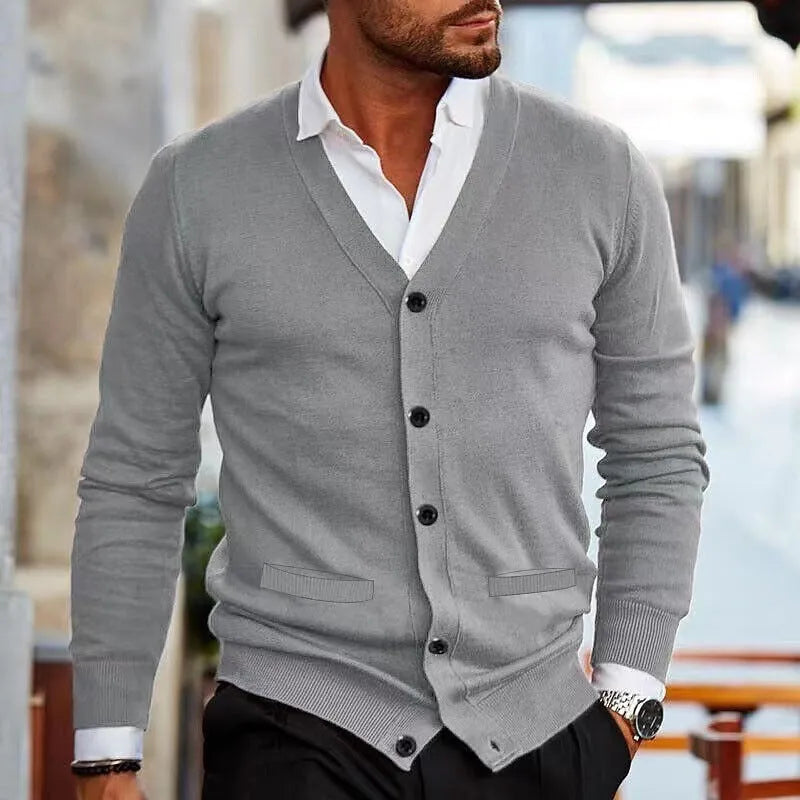 Men's slim-fit acrylic cardigan sweater in dark grey, showing cardigan style with long sleeves and standard autumn thickness