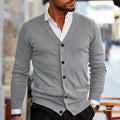 Men's slim-fit acrylic cardigan sweater in dark grey, showing cardigan style with long sleeves and standard autumn thickness
