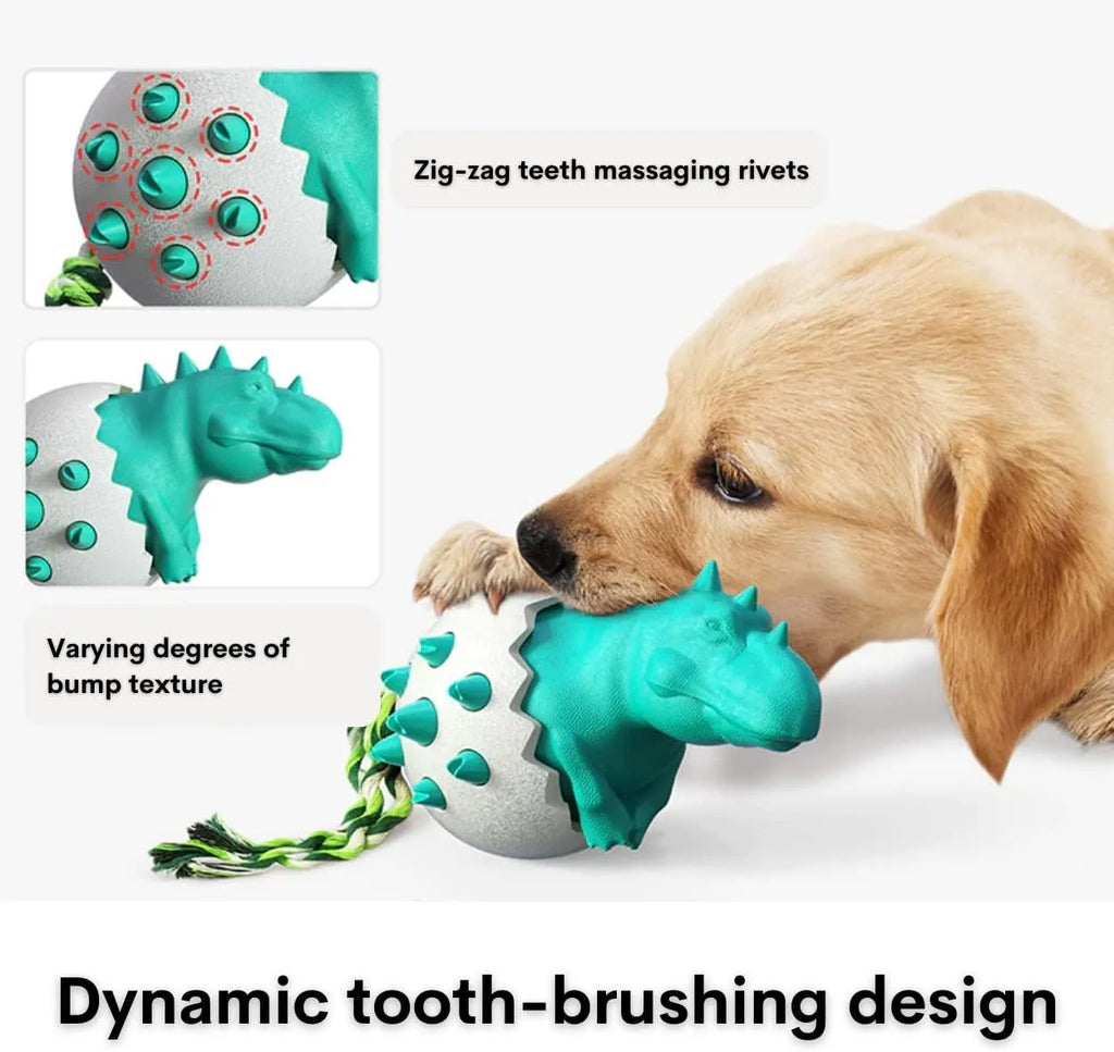Blue dinosaur-shaped dog chew toy with interactive rope, nubs for dental cleaning, size 129x97x82.5mm