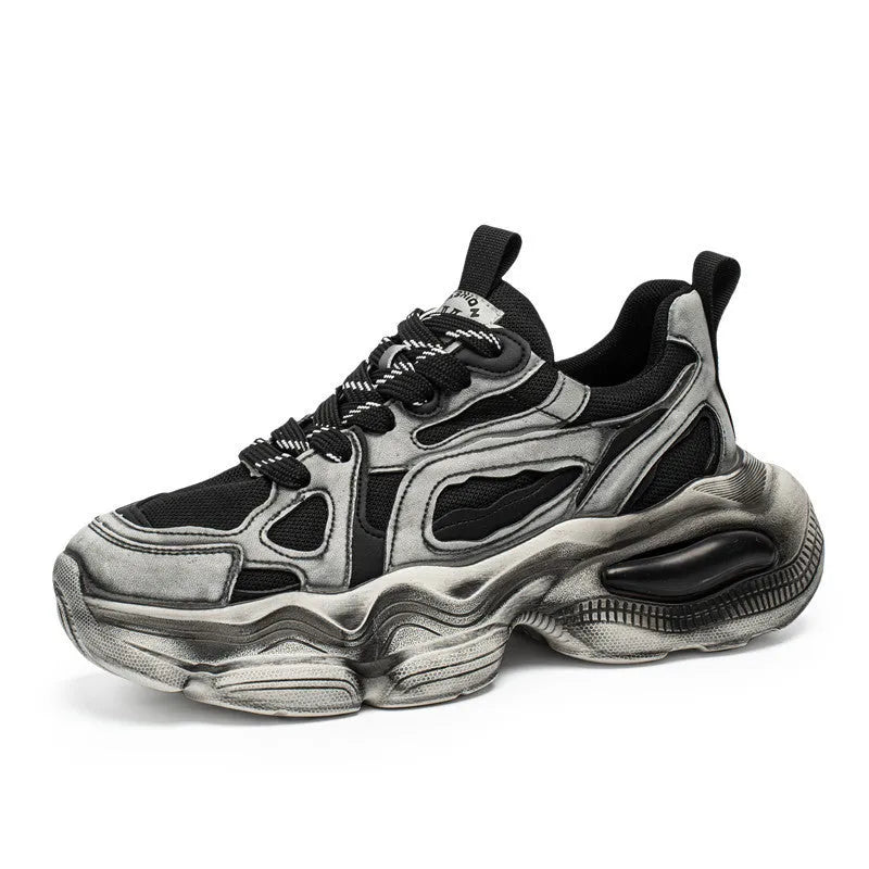Men's black mesh sneakers with 3-5cm platform sole, round toe, and front lace-up design for sports