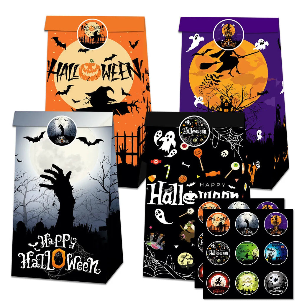 Halloween paper bag sealed sticker set showing 12 paper bags and 18 decorative stickers for candy packaging props.