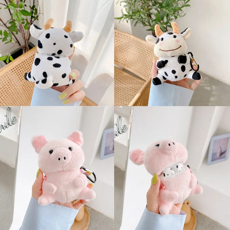 Pink pig cartoon plush earphone case for Apple AirPods 1 and 2, PC back cover with injection moulded shell