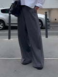 Grey men's high-waisted wide-leg casual trousers on a hanger.