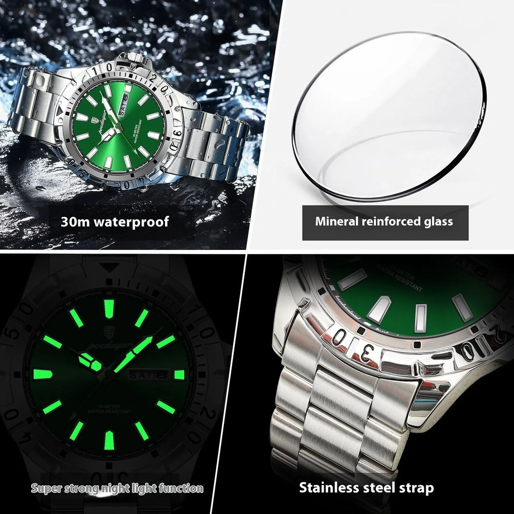 Swiss men's waterproof luminous casual watch with silver case and green dial, 6mm thickness