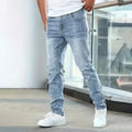Men's slim straight stretch jeans in black cotton fabric with mid-waist and zipper fly