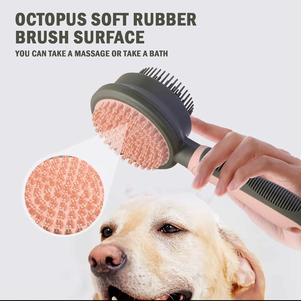Double-sided cat brush with release button and flea comb in green or pink for grooming indoor cats
