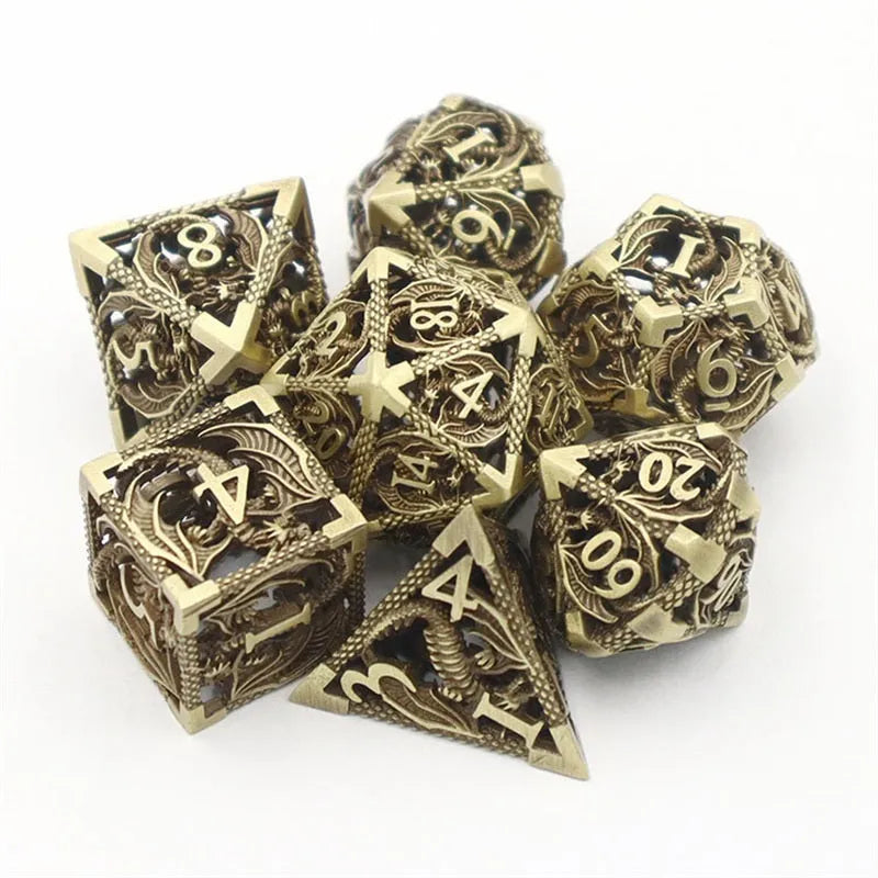 Seven-piece hollow pure copper electroplated dice set for DND and tabletop games in multi-colour options