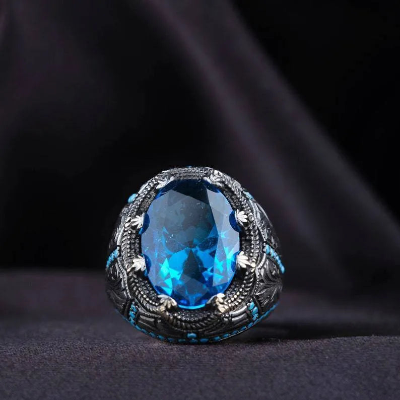 Geometric couple ring with blue zircon stone in antique silver finish