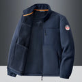 Men's grey fleece cardigan jacket with zippered pockets and regular length fit