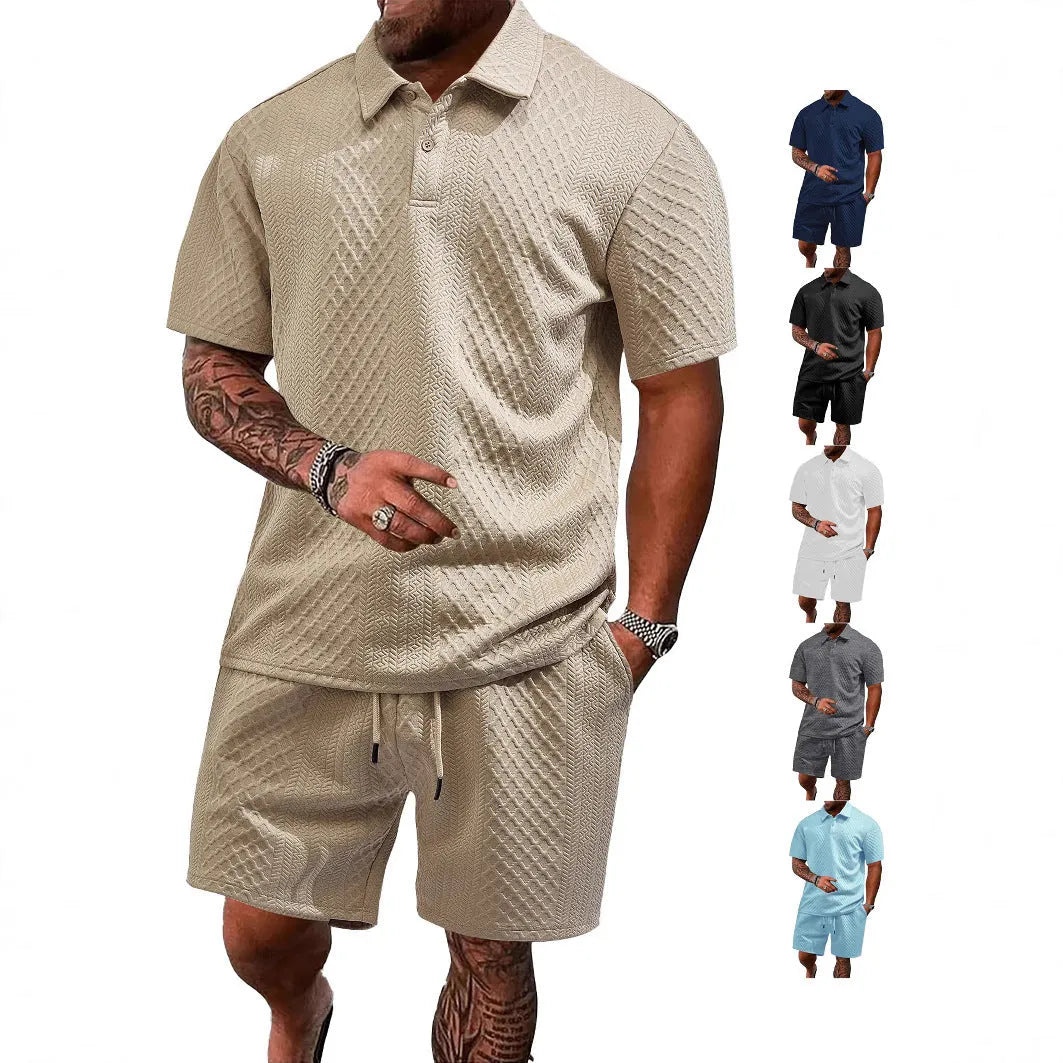 Men's patterned cloth casual short sleeve suit with matching trousers in multiple colour options