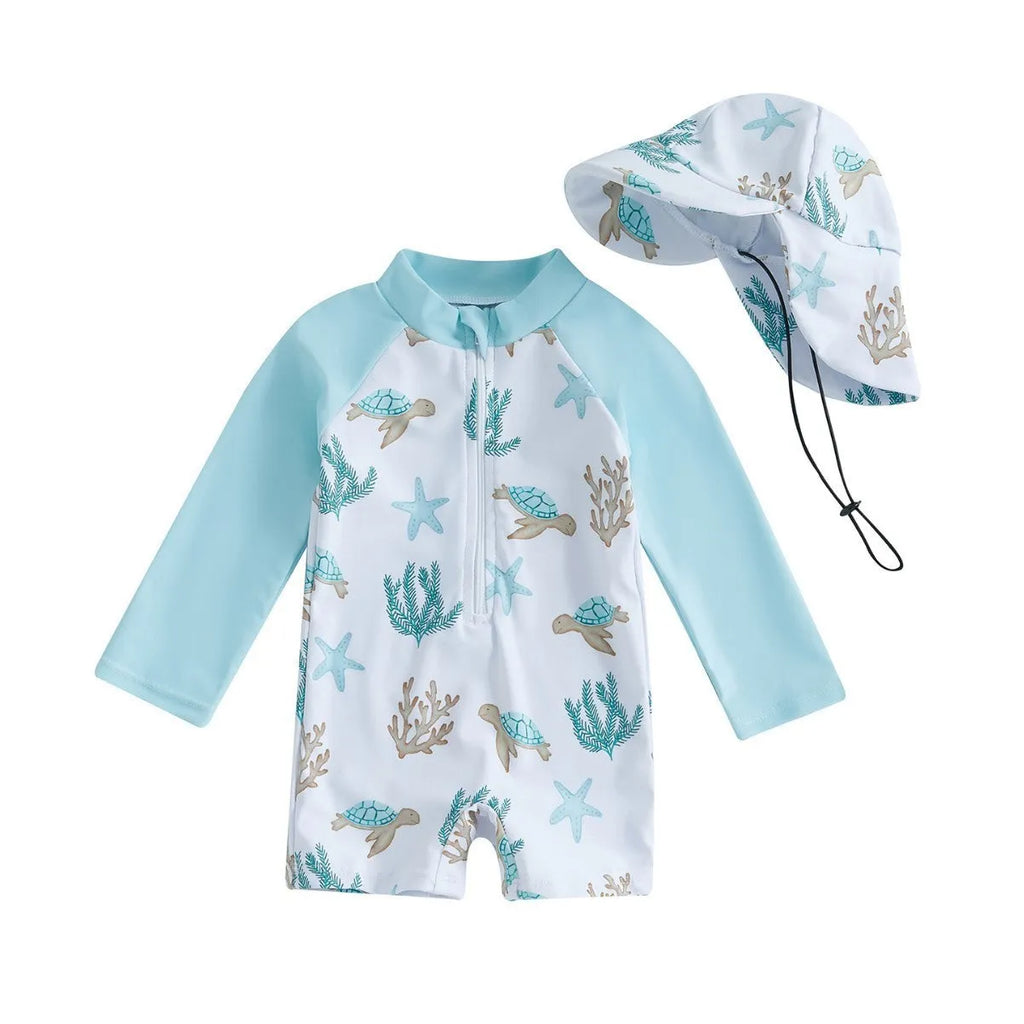 Children's one-piece swimsuit with long sleeves and hat in dinosaur light green or white and blue, sizes 70-110