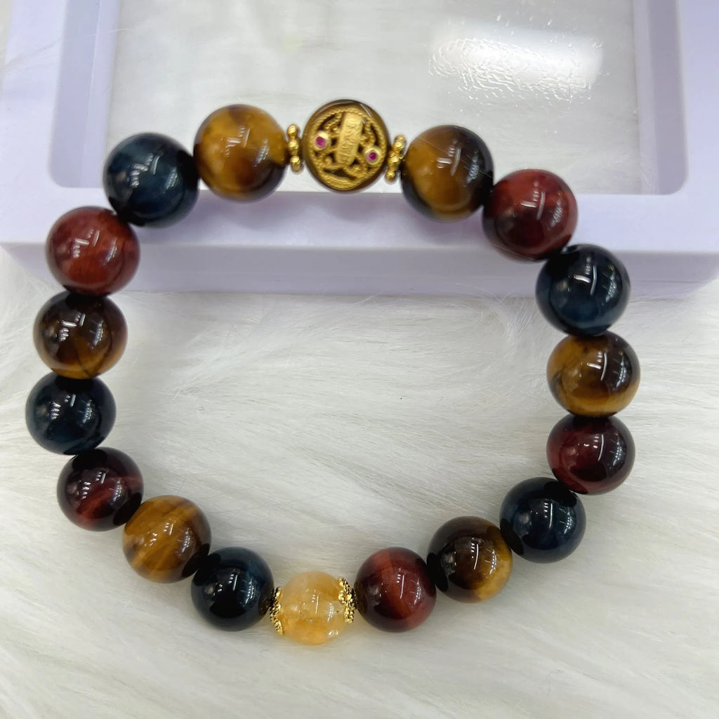 Natural tiger eye loose round beads long chain bracelet with Maillard styling measuring 18cm
