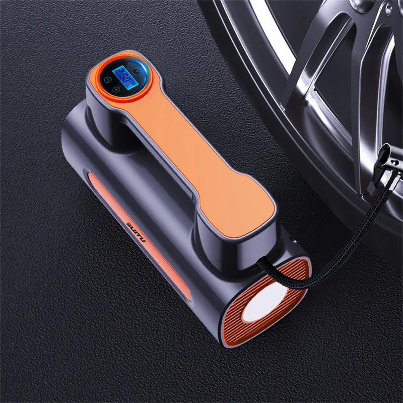 Black portable tyre inflator with digital LCD screen, USB charging port, and built-in battery.