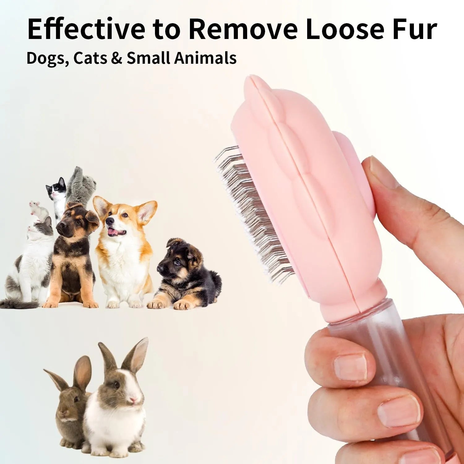 Spray cat brush with grey handle, curved metal pins, and release button for pet grooming and hair removal