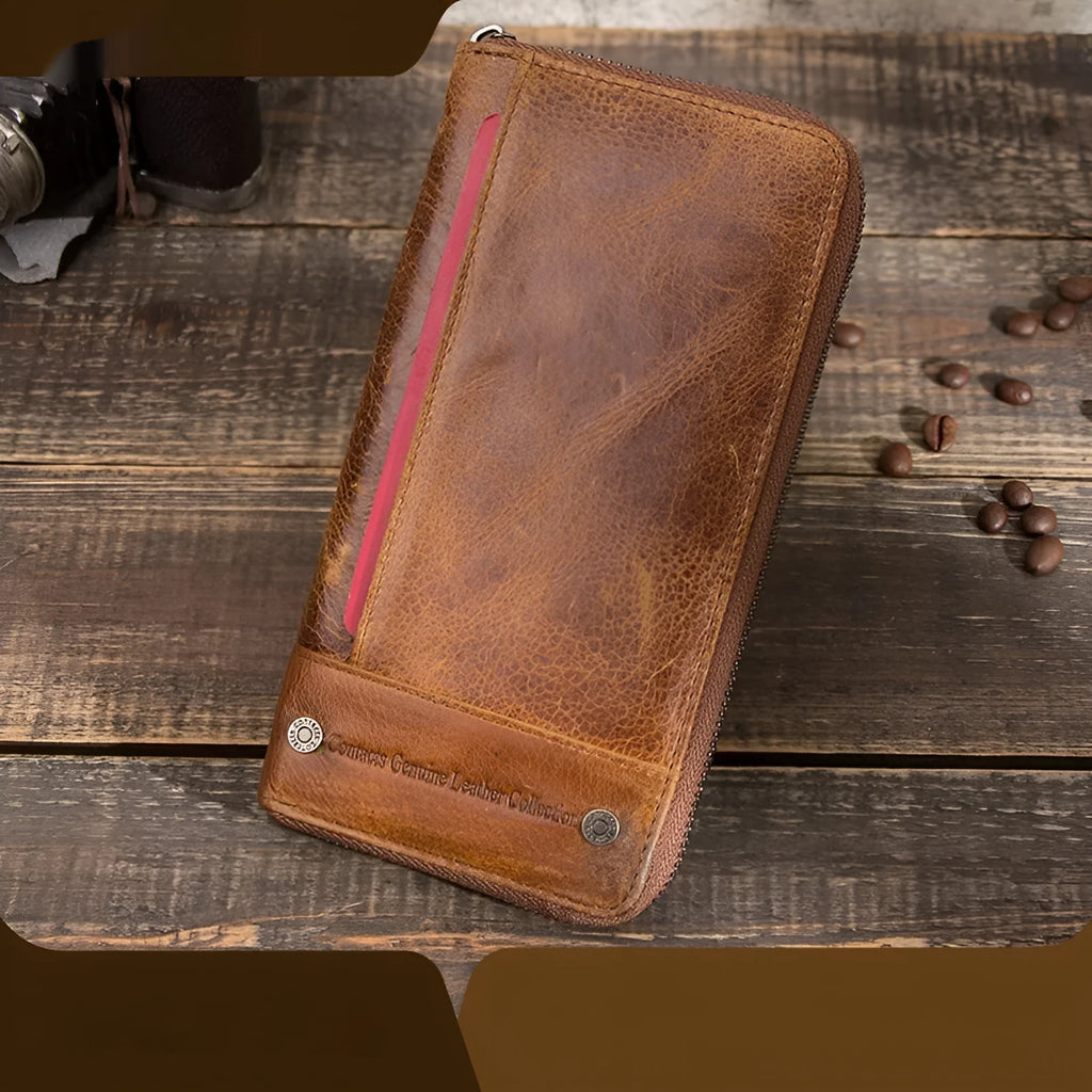 Brown genuine leather men's wallet with card compartments and visible stitching