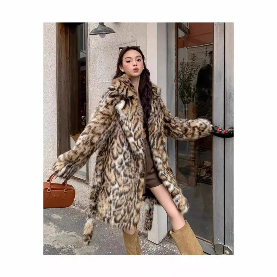 Faux fur coat with fur collar and pockets, shown in street fashion style, length 80cm