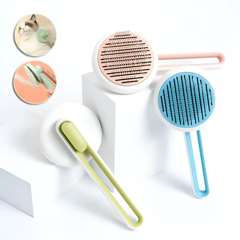 Automatic hair release pet grooming brush with stainless steel teeth in blue candy colour