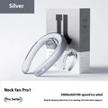 Silver grey portable neck fan with no-blade design and USB charging cable.
