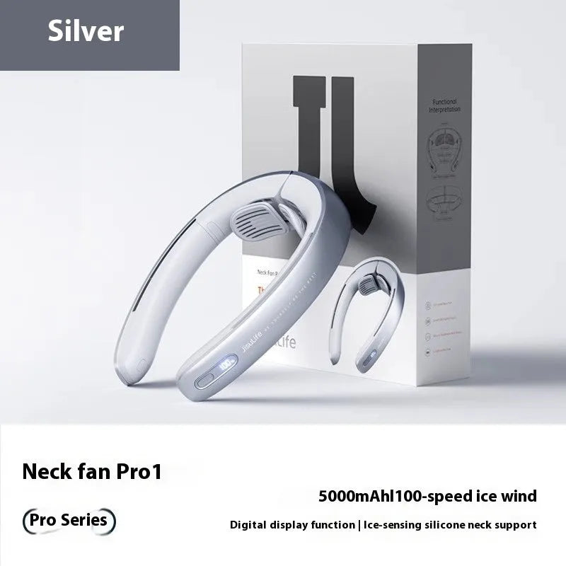 Silver grey portable neck fan with no-blade design and USB charging cable.