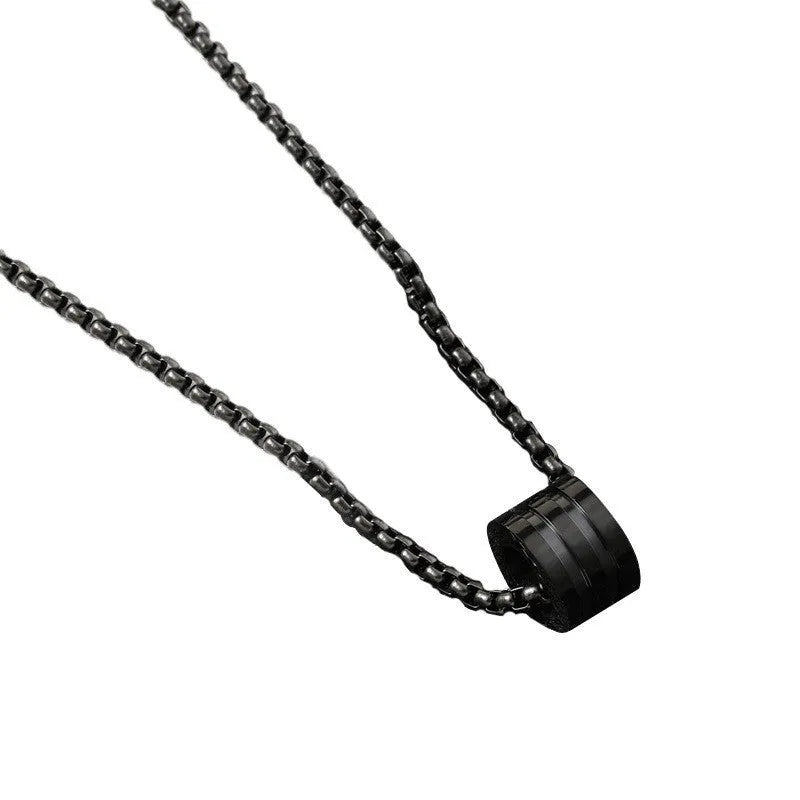 Black three-piece stainless steel men's necklace set with titanium steel cylindrical ring pendant