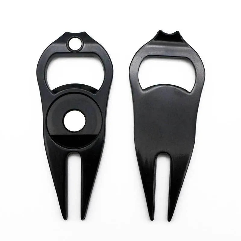 Golf putting green fork with metal ball yoke and bottle opener in black, green, or silver finishes