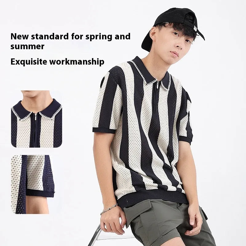 Men's ice silk short sleeve sweater with striped pattern and zipper decoration in viscose fabric