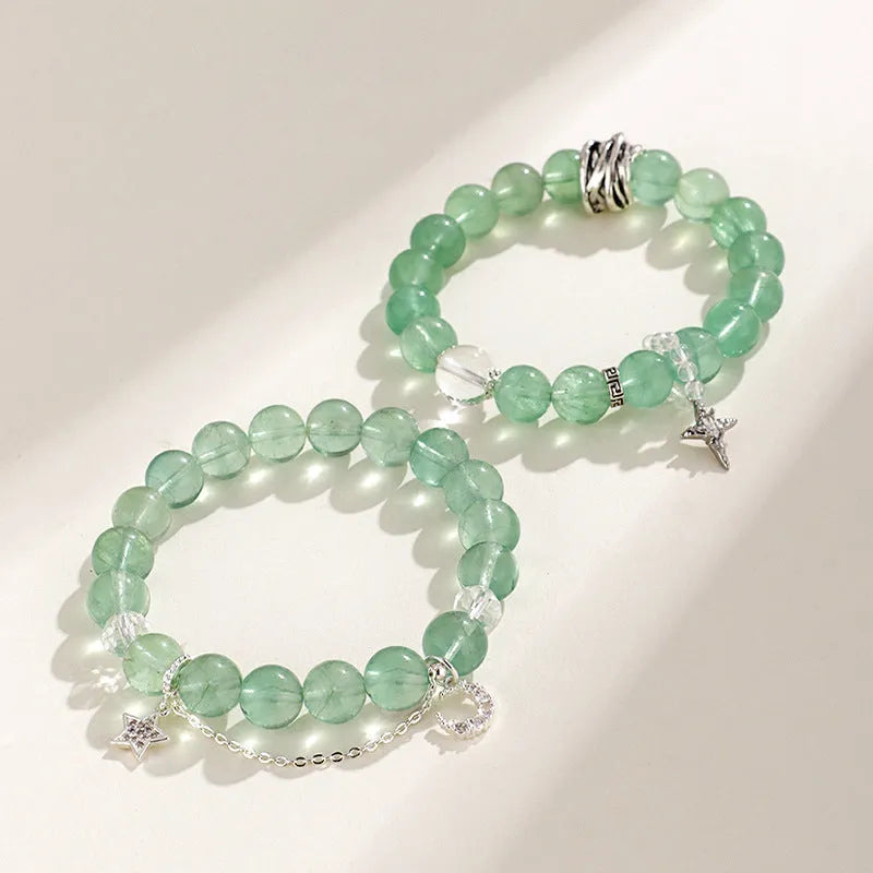 Green fluorite and white crystal women's bracelet with star moon princess design and diamond shape stones
