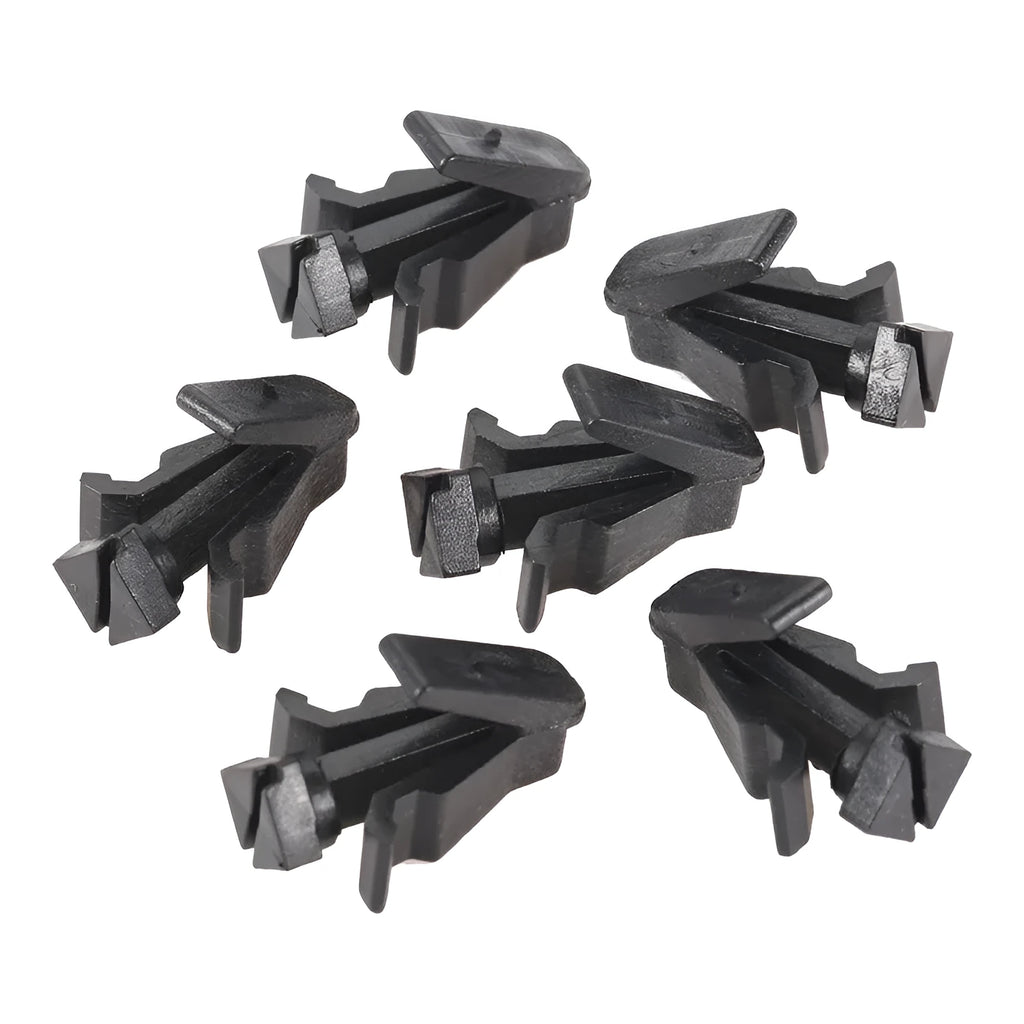 Black plastic automotive fastening clip for Nissan bumper and radiator grille, part number 76882-0M060.