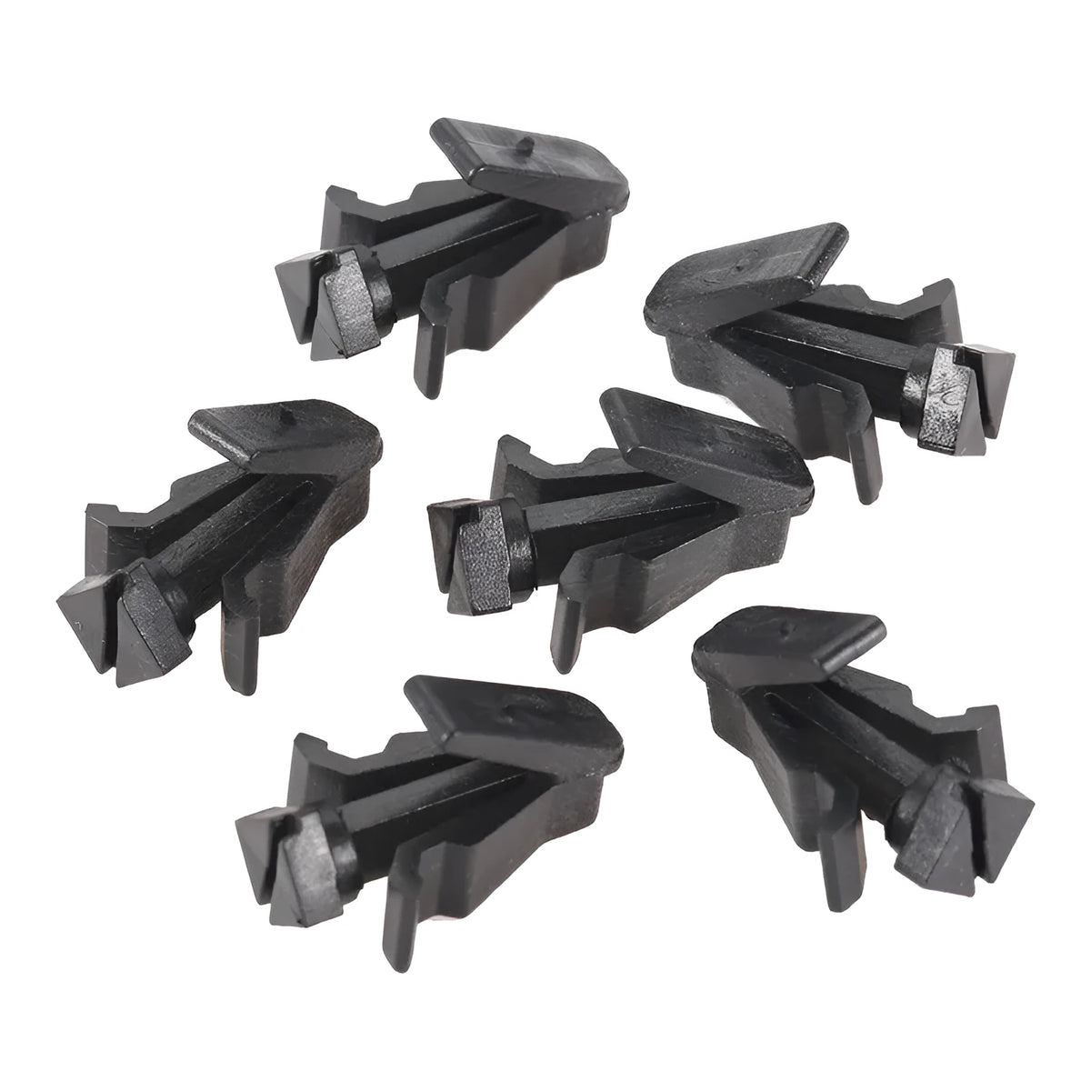 Black plastic automotive fastening clip for Nissan bumper and radiator grille, part number 76882-0M060.