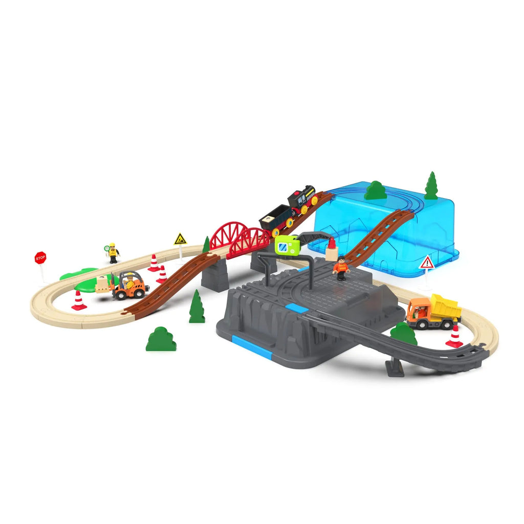 Wooden track train set with electric car head, beech and ABS pieces, free splicing track, and storage box for ages 4-6