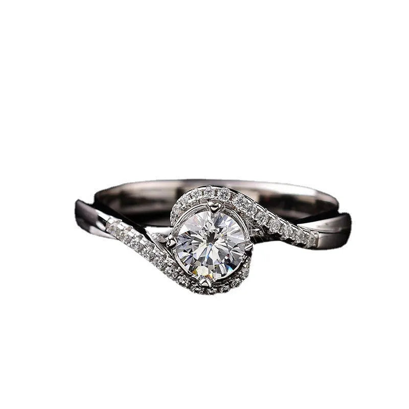 Silver geometric angel eyes women's ring with adjustable opening and textured moissanite centrepiece