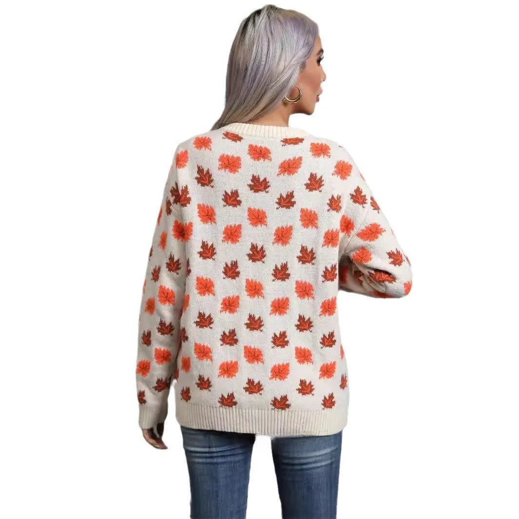 Maple Leaf Christmas pullover sweater in loose street fashion style with contrast colour design
