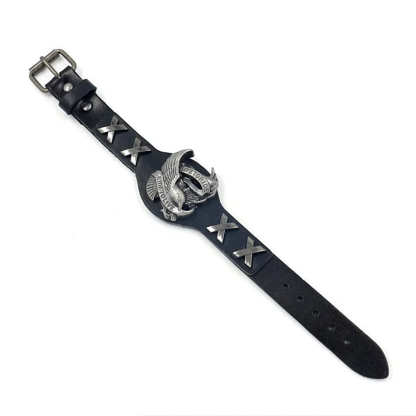 Black geometric leather bracelet with alloy eagle watch-button closure, showing 26cm length and 1.7-3.8cm width variation