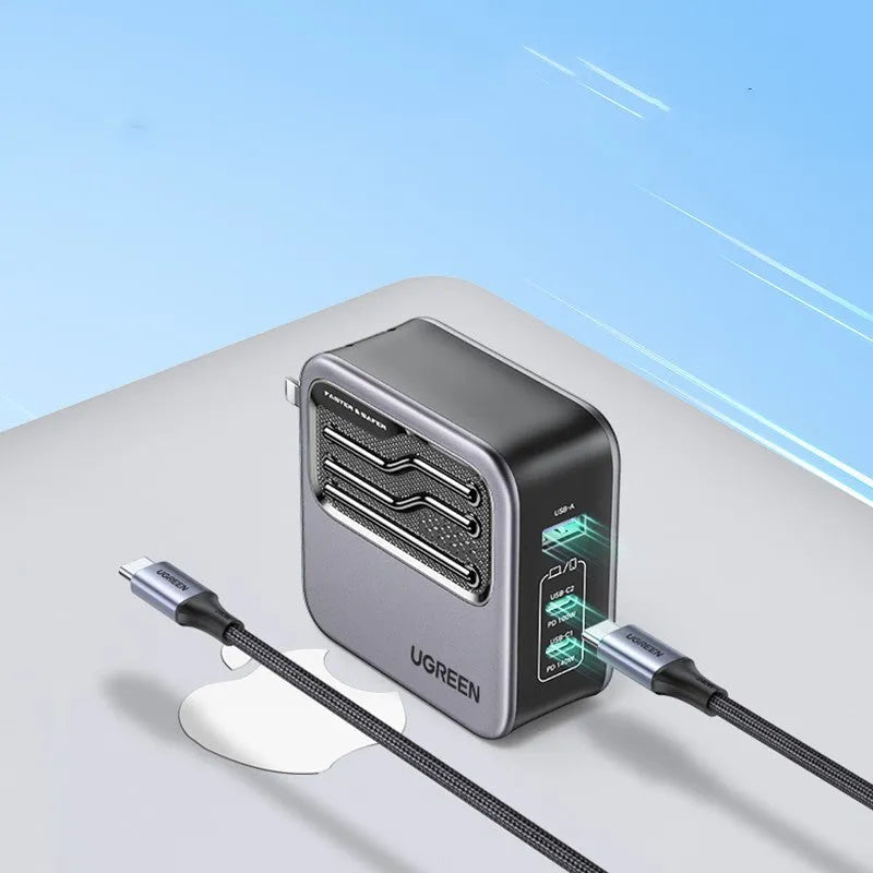 100W Gallium Nitride fast charger plug with USB-C cable on a white background