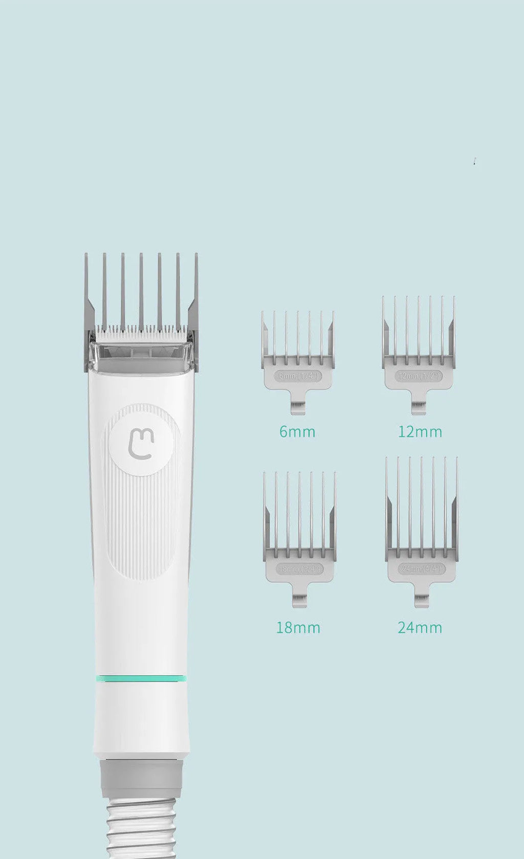White pet grooming clipper with thinning comb, hair comb, and cleaning brush on a flat surface