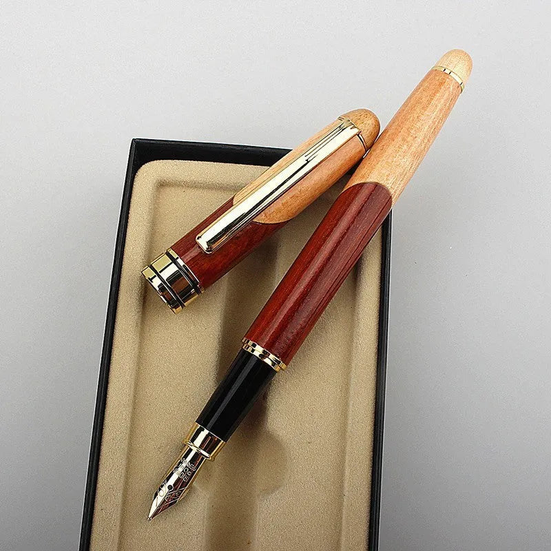 Wooden fountain pen with metal accents and a matching fabric pen bag.