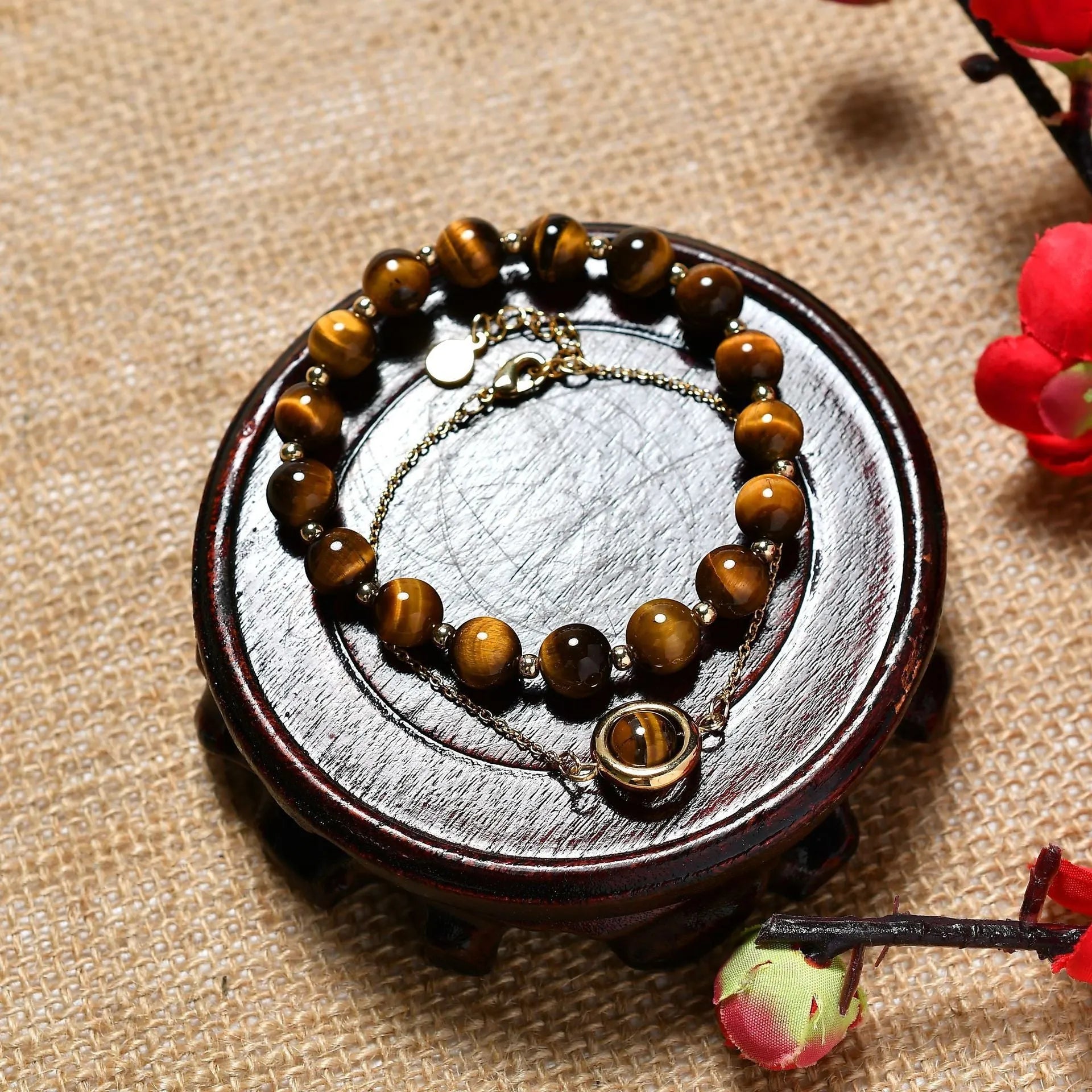 Women's double-layer copper bracelet with gold plating, strawberry quartz crystals, and lucky beads.